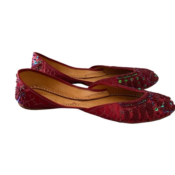 Red Green sequin beaded hand made Khussa flats genie shoes Fall Holiday Festive - Picture 6 of 8